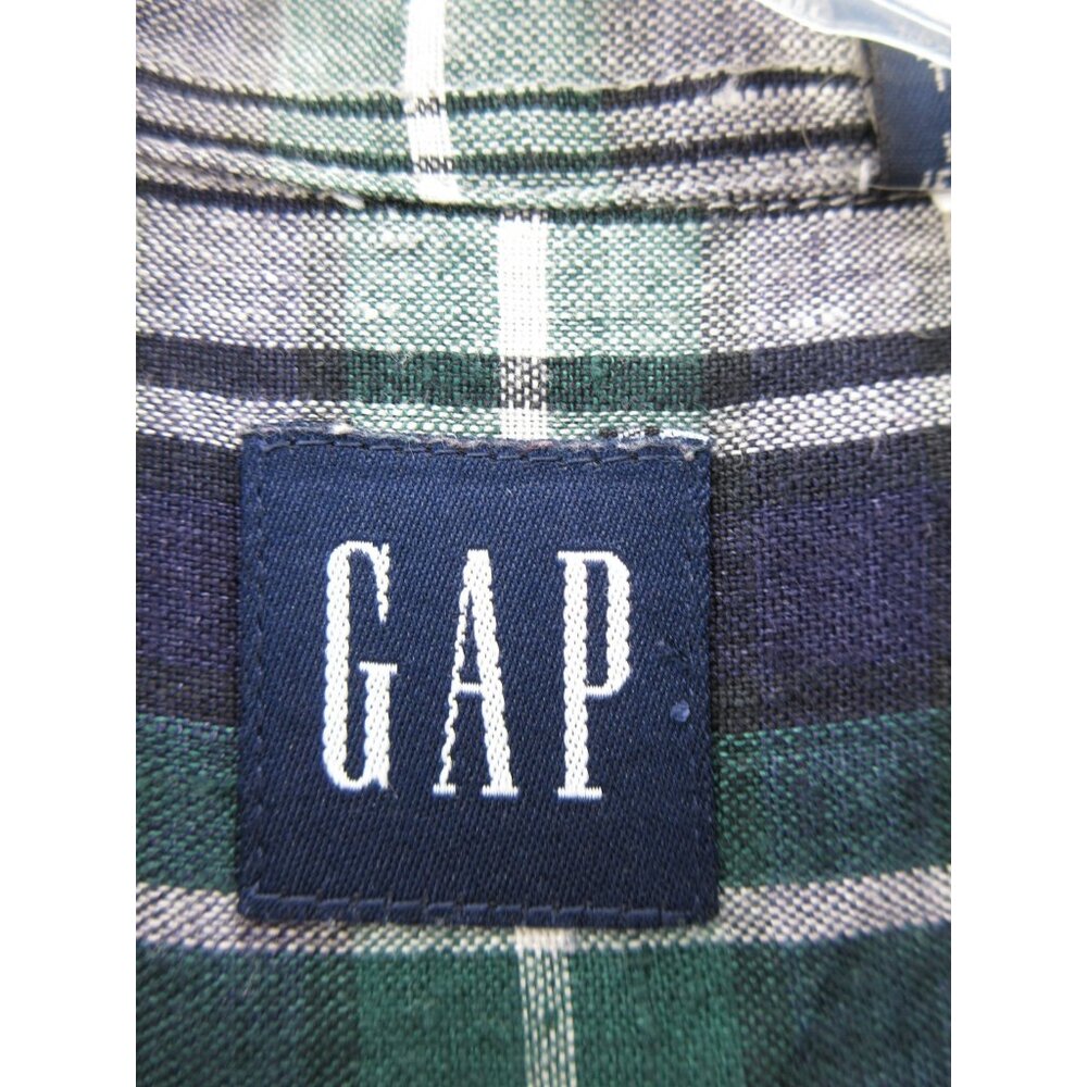 VINTAGE Gap Shirt XL Green Linen Button Up Tartan Plaid 90s Y2K Field - Picture 8 of 10